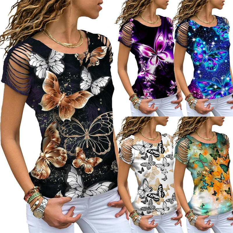 

Colorful Butterfly Print T-Shirts Sexy Cut Out Shoulder O-Neck Short Sleeve Tops Casual Women Summer Fashion High Street Clothes
