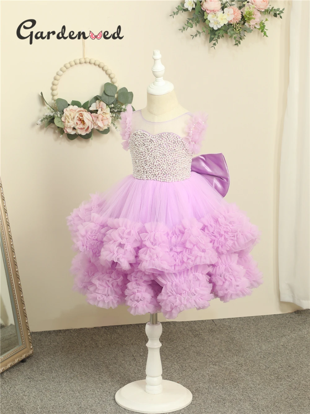 Садовое розовое платье принцессы с жемчужными бусинами пышное для первого