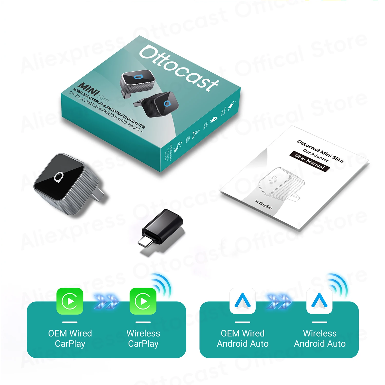 

OTTOCAST Mini Slim Wireless CarPlay Android Auto адаптер Smart AI USB автомобильные аксессуары для Toyota Volvo Benz Kia Mazda Hyundai