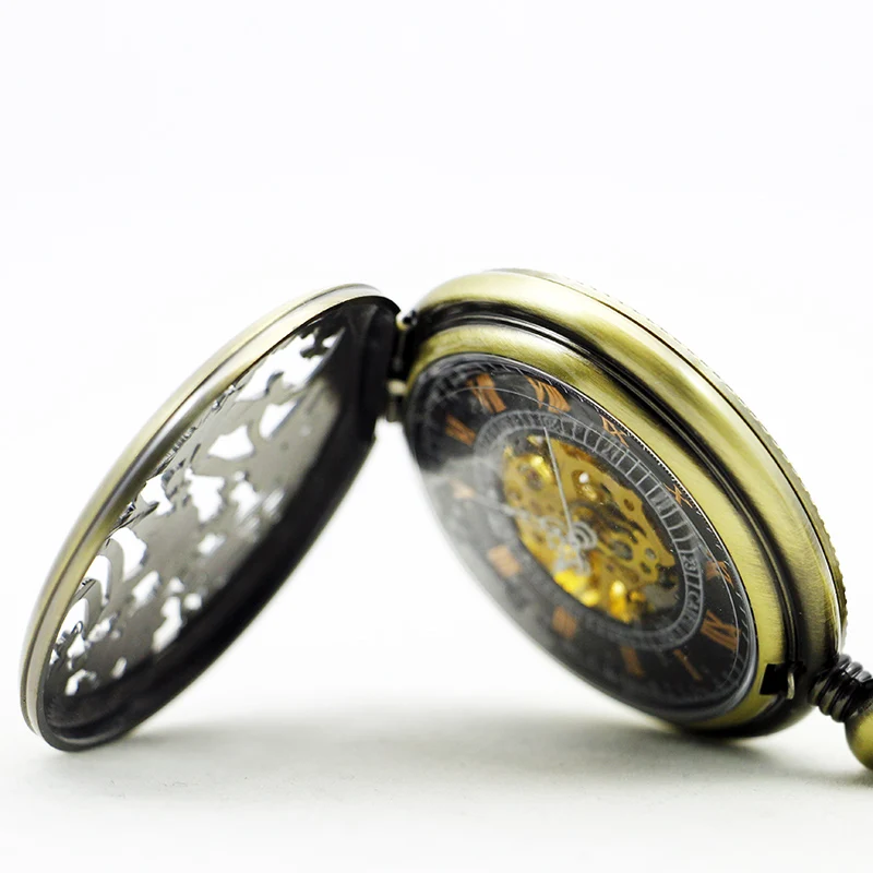 Roman Numerals Display Pocket Watch Mechanical Mens Vintage Pendant with Chain Clock Steampunk Hand Wind Fob Watch