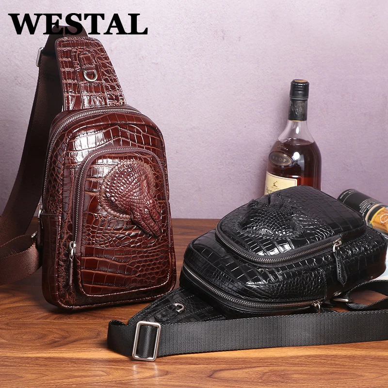 WESTAL Men's Chest Bag Crocodile pattern Leather Shoulder Messenger Bag Man Sling Bag Daypack Designer Crossbody sacoche homme