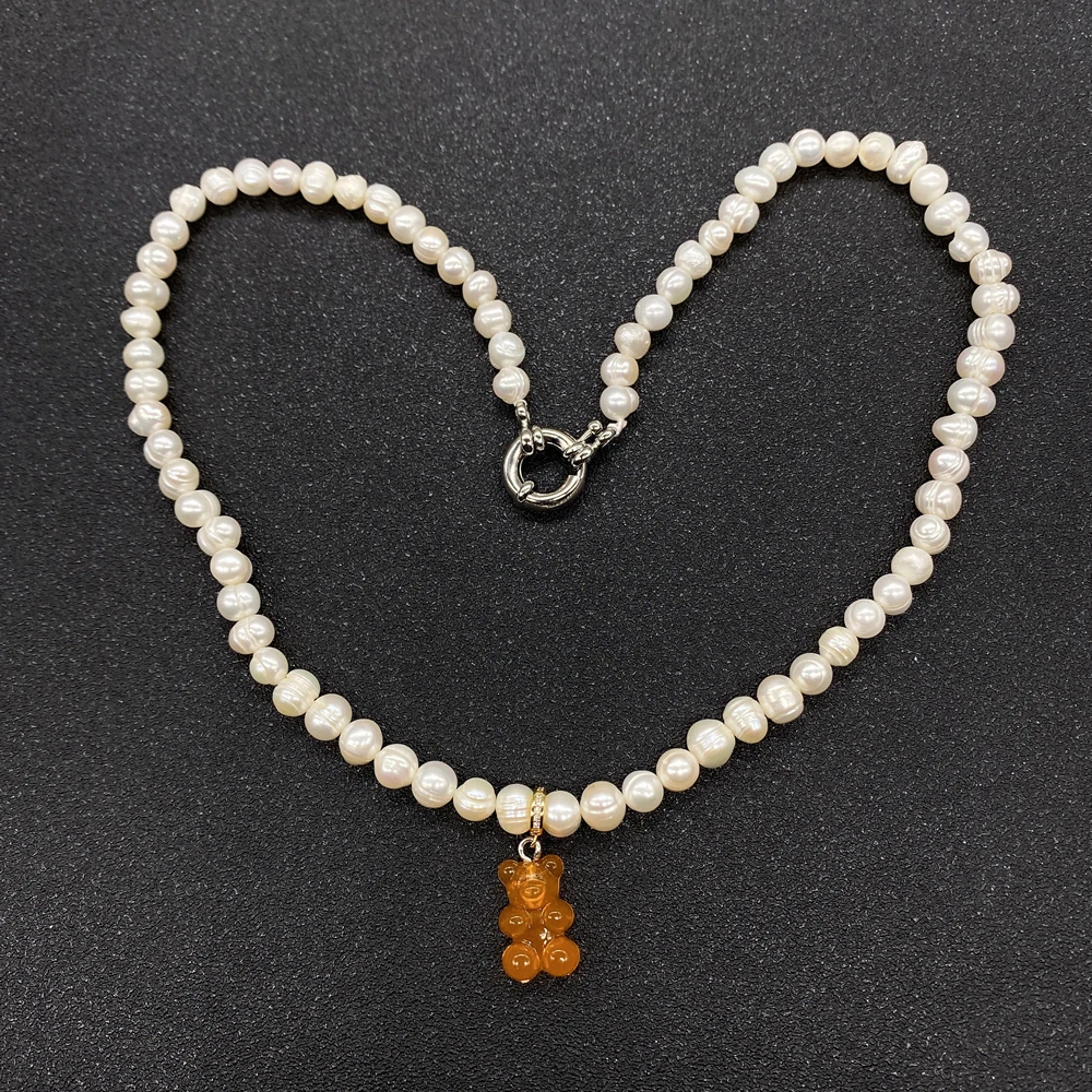 Ожерелье женское из натурального пресноводного жемчуга длиной 18 дюймов с подвеской в виде медведя из смолы
