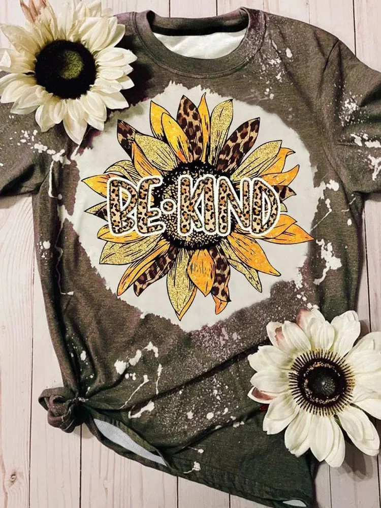 

Be Kind Sunflower Leopard Bleached T-Shirt Tee Cop Top Ropa Mujer Anime y2k Clothes Tops Roupas Femininas T Shirt Blus As