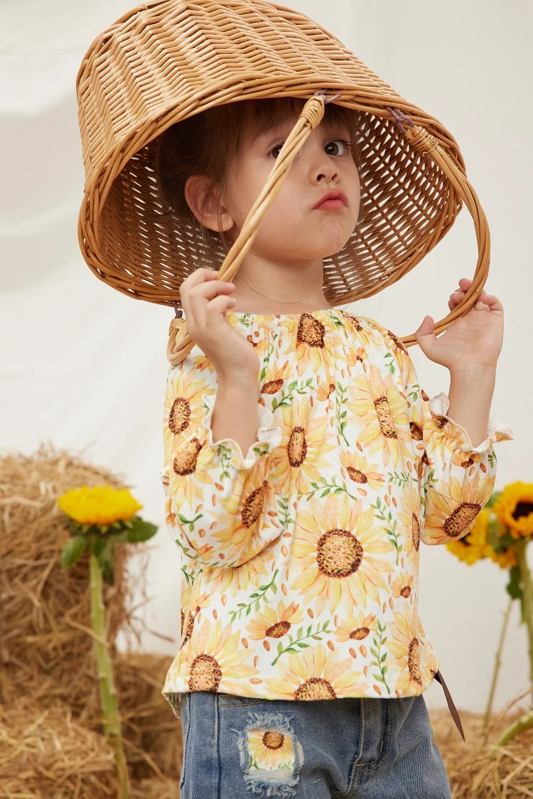 

Girlymax Fall Autumn Baby Girls Ruffles Denim Jeans Sunflower Leopard Cow Floral Bell-bottoms Overall Pants Set Kids Clothing