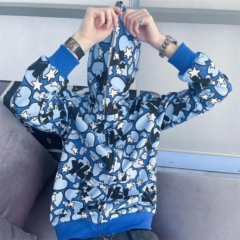 

Fashion Wholesale Printed Hooded Cardigan Full Zipper Up Loose Men Trendy Brand Sweater Jacket Women's Y2K Hoodies
