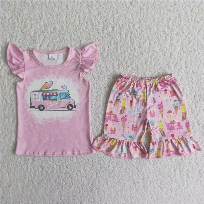 

baby girl boutique outfit car print flutter sleeve top and cartoon shorts children girl clothes set kids matching clothing