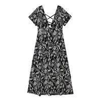 clothland women stylish floral embroidery dress deep v neck backless lace up short sleeve summer sexy black midi dresses qb125