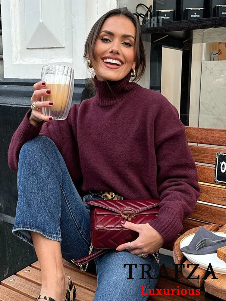 TRAFZA винтажный шикарный женский свитер однотонный вязаный свободный с круглым