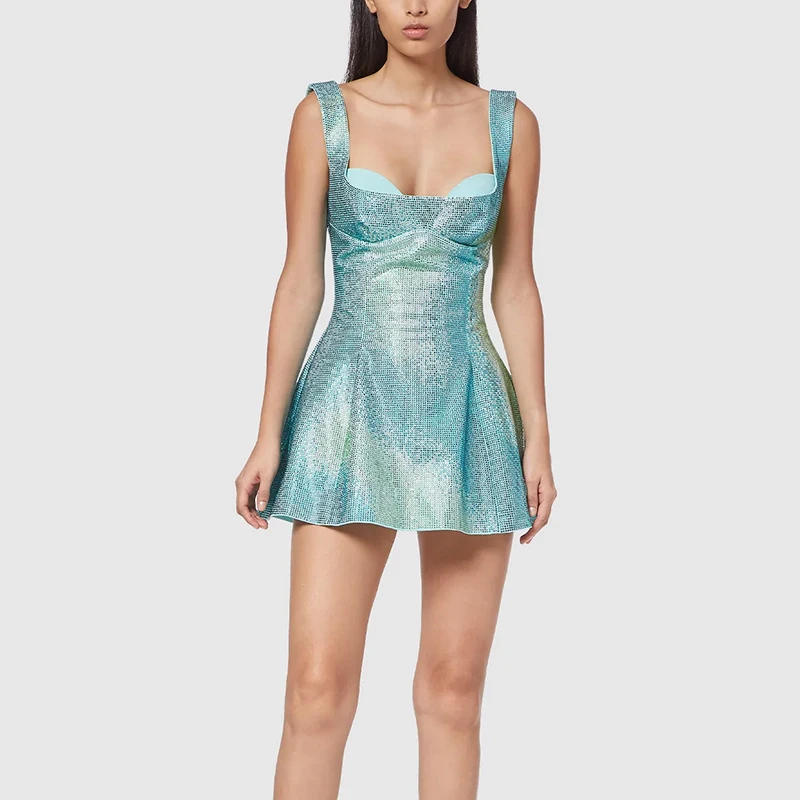 

Sky Blue Rhinestone Embellished Sequin Mini Dresses Sexy Backless Crystal Mina Dress