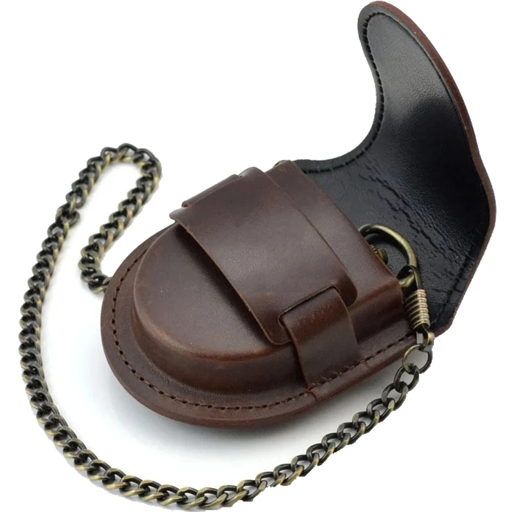 

Classic Vintage Pocket Watch Box Fashion Men Back Brown Cover Leather Storage Box High Quality Coin Purse Bag With Chain