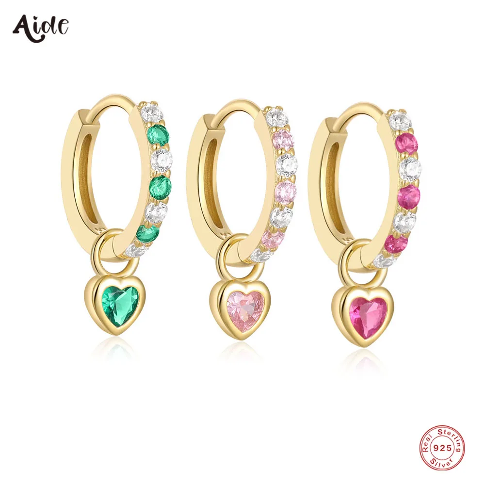 

Aide 925 Sterling Silver Fresh Color Green Pink Zircon Heart Charm Earrings For Women Double Colors Crystal Pave Circle Earrings
