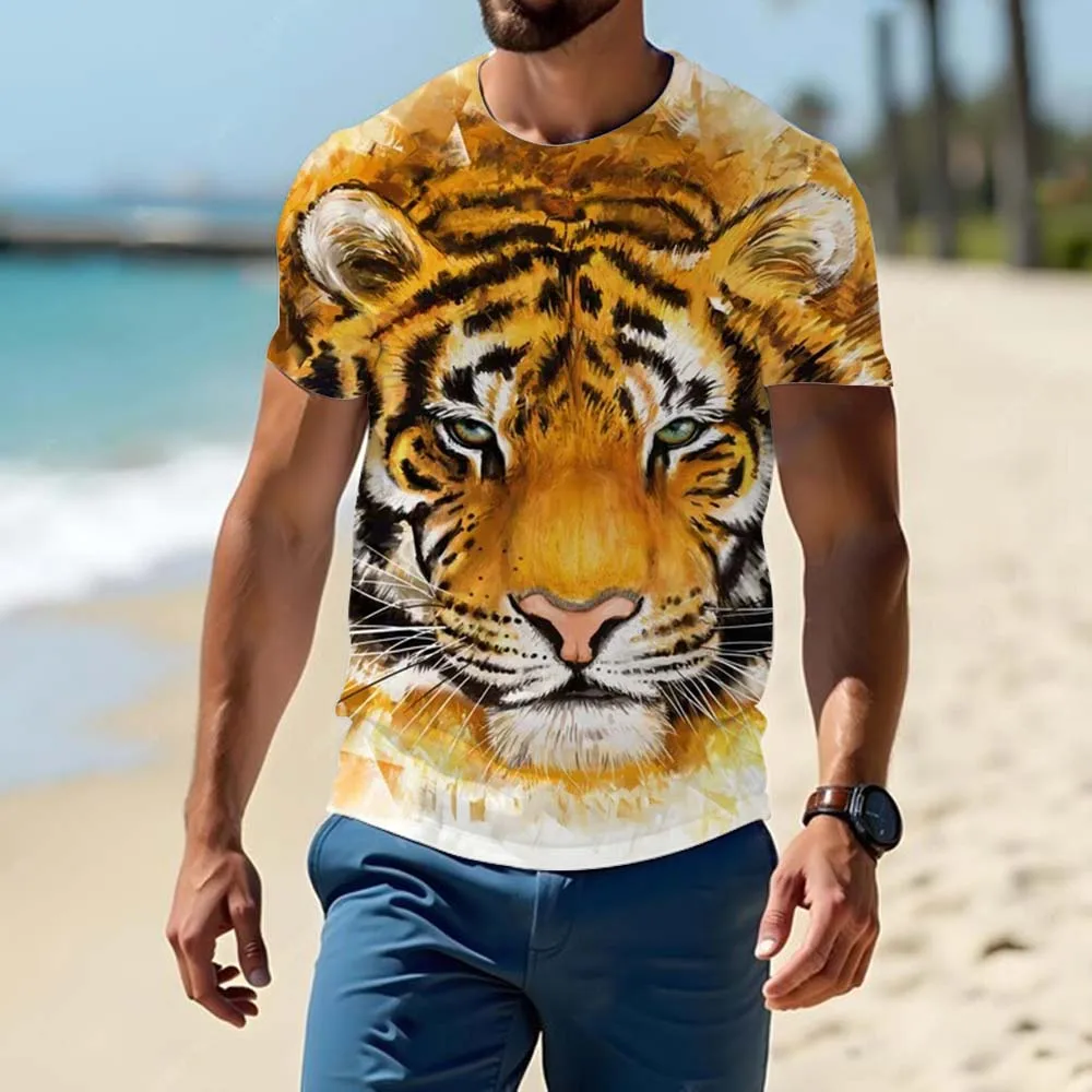 Летняя мужская модная футболка короткий рукав из 100% полиэстера 3d-принт Тигр