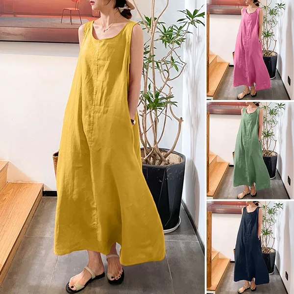 

Summer Casual Loose Cotton Linen Dress Women V-neck Puff Sleeves Solid Dress Fashion Elegant Ladies Party Dresses For Women 2022