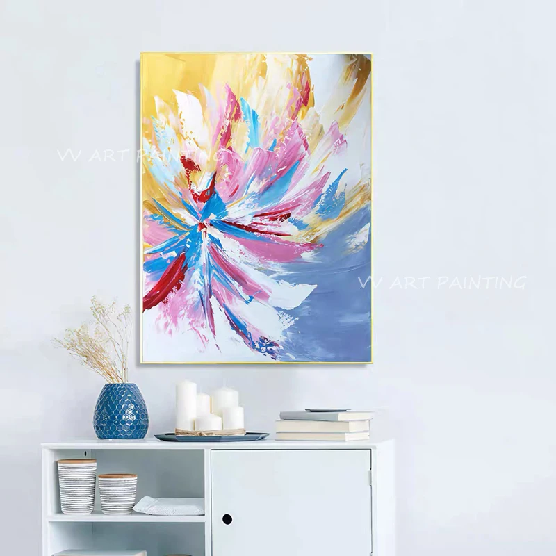 

100% ручная работа абстрактная красочная Толстая пейзаж цветок розовый синий серый холст Картина маслом Современная гостиная украшение для ...