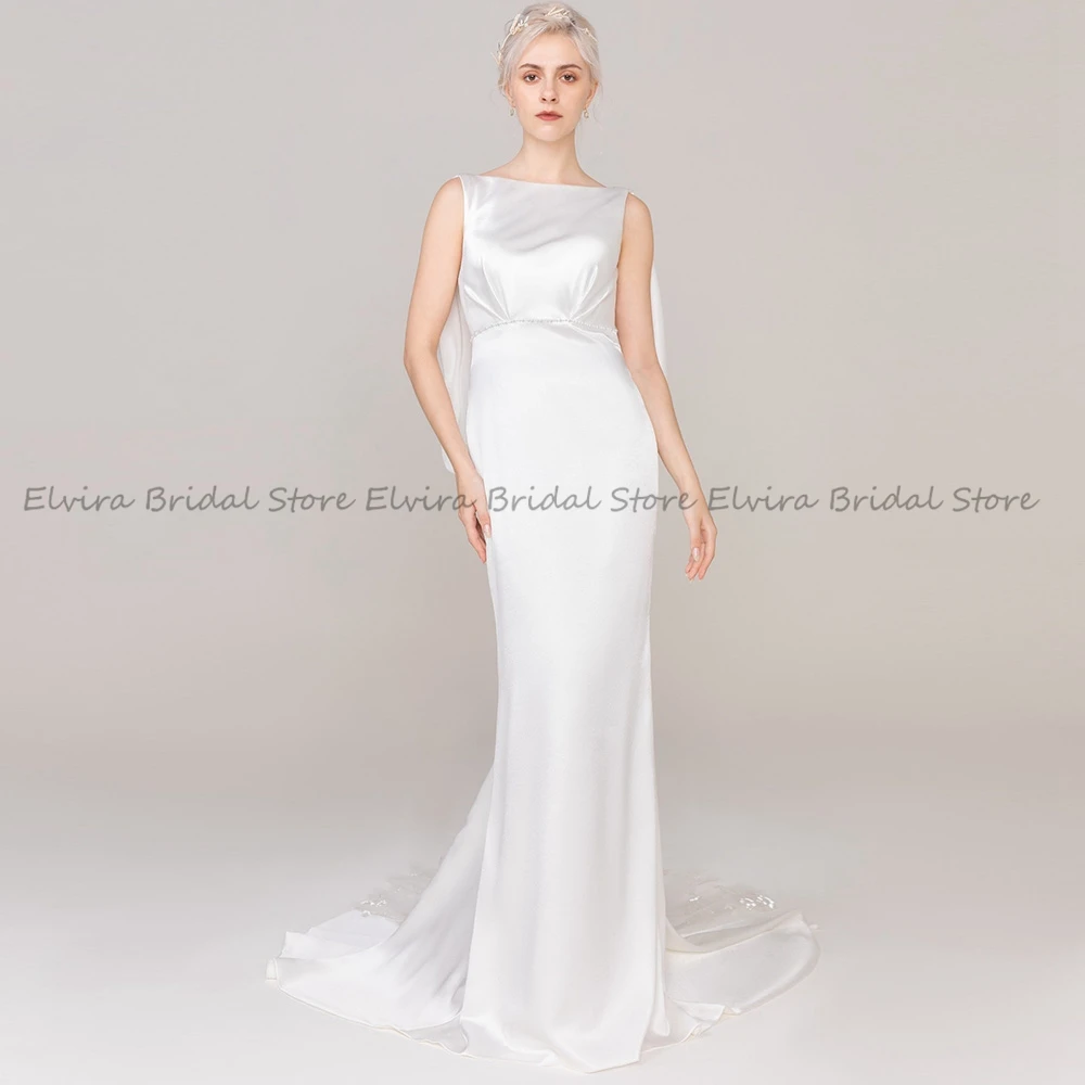 

High Quality Satin Wedding Dresses Ladies Mermaid with Backless Boat Neck Applique Sequins Sleeveless Court Train Bridal Gowns