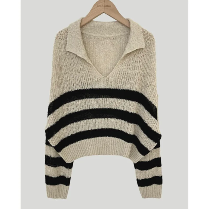 Женский ТрикоТажный Свитер-поло С Длинными Рукавами В Полоску