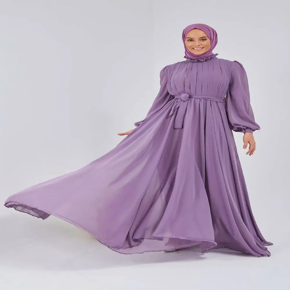 Women's Lilac Balloon Sleeve Waist Elastic Chiffon Evening Maxi Hijab Tailad Dress Dubai Robe Longue Femme Islam Caftan Muslim
