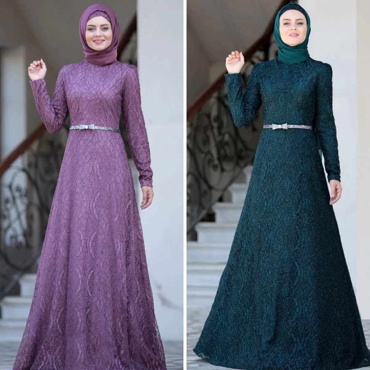 

Glitter Viscose Evening Dress Hidden Zipper Unlined Hijab Belted Lace Long Sleeve Zero Collar Muslim Fashion Hijab Clothing