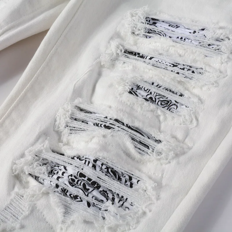 High Quality Street Tide Brand Men's White Jeans Fashion Hip Hop Ripped Skinny Denim Trousers Slim Stretch Distressed Zip Pants