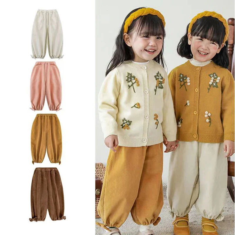 

Kids Clothes Children Trousers Autumn Spring Long Pants Pure Color Bow Sweatpants Fashion Casual Girls Corduroy Harem Pants