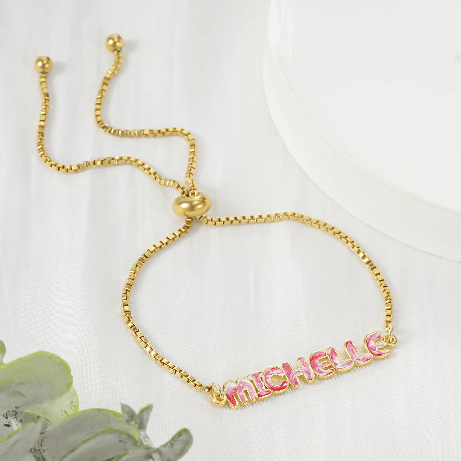 Chain Tie Dye Enamel Name Bracelet Gift For Women Jewelry