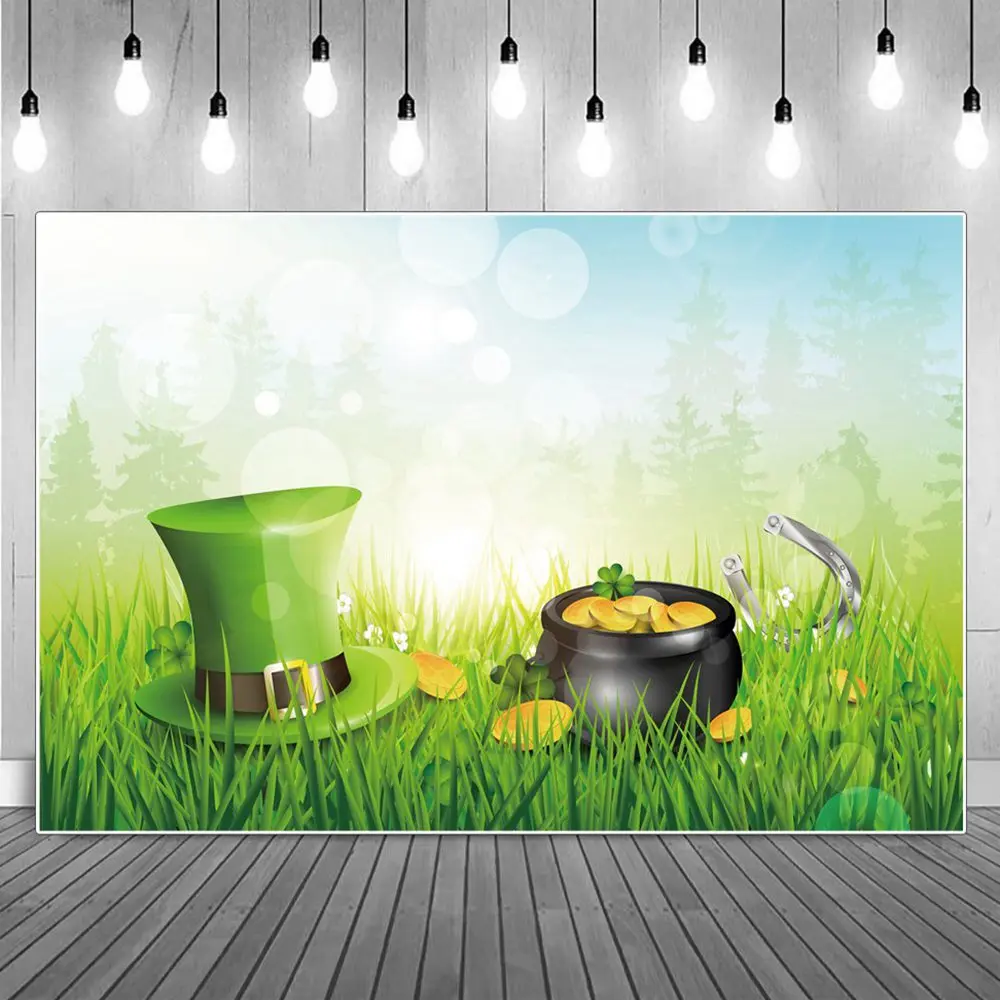 

St. Patrick' Day Decoration Photography Backdrops Banner Irish Hat Gold Coin Green Grass Spring Party Photo Backgrounds Poster