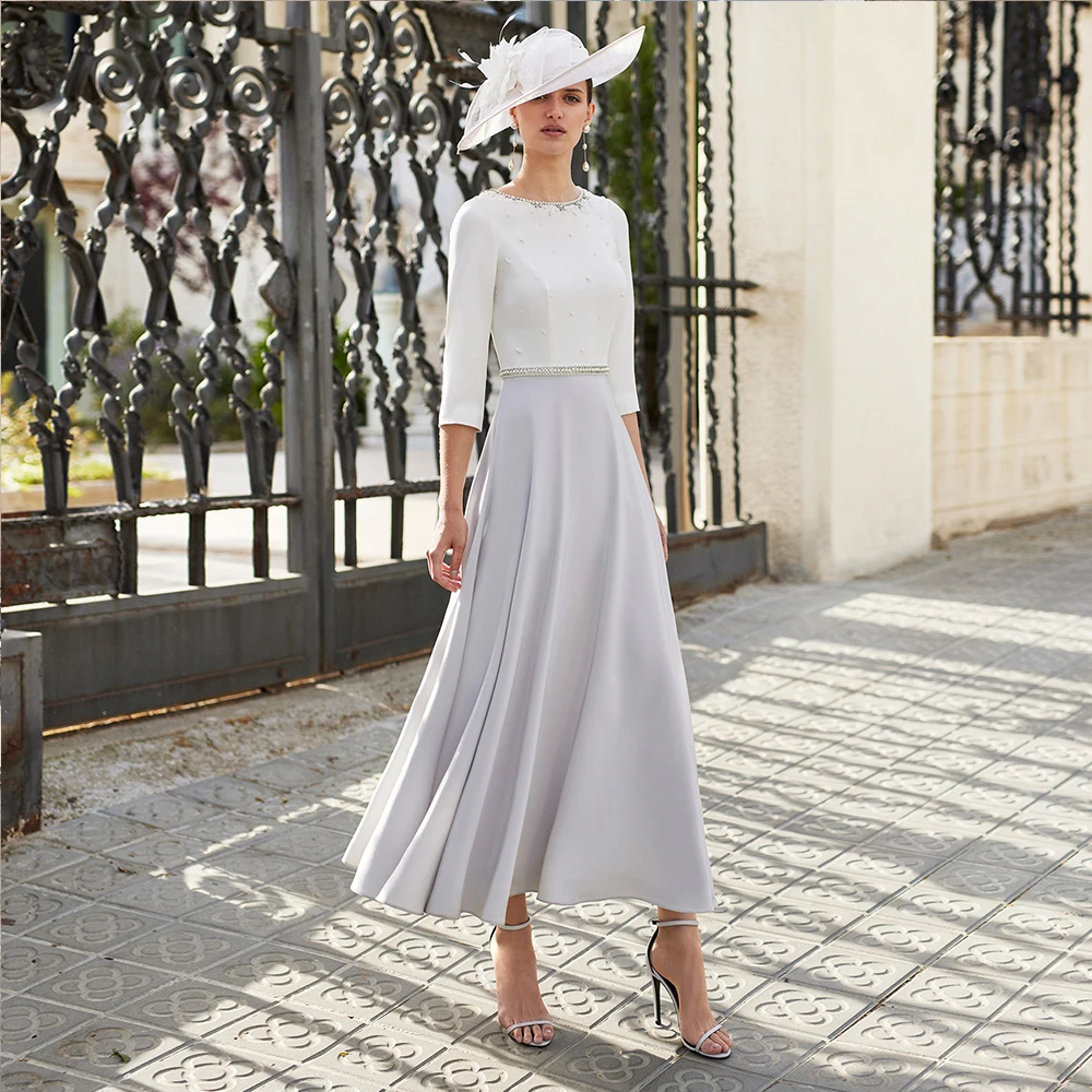 

A-line Elegant Mother of the Bride Dresses Jewel Neck 3/4 Sleeves Ankle Length Pearls Crystals Robe Mere De la Mariée élegante