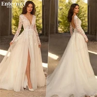 sexy deep v neck wedding dresses a line long sleeve lace appliques side split bridal gown backless train vestido de novia