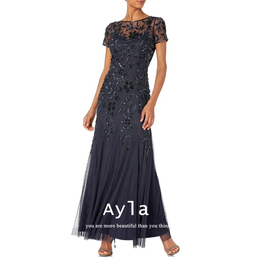 

Grace Short Sleeves Sequin Embroidered Mother Of The Bride Dresses Summer Dresses Chiffon A-line Woman Formal Evening Dresses