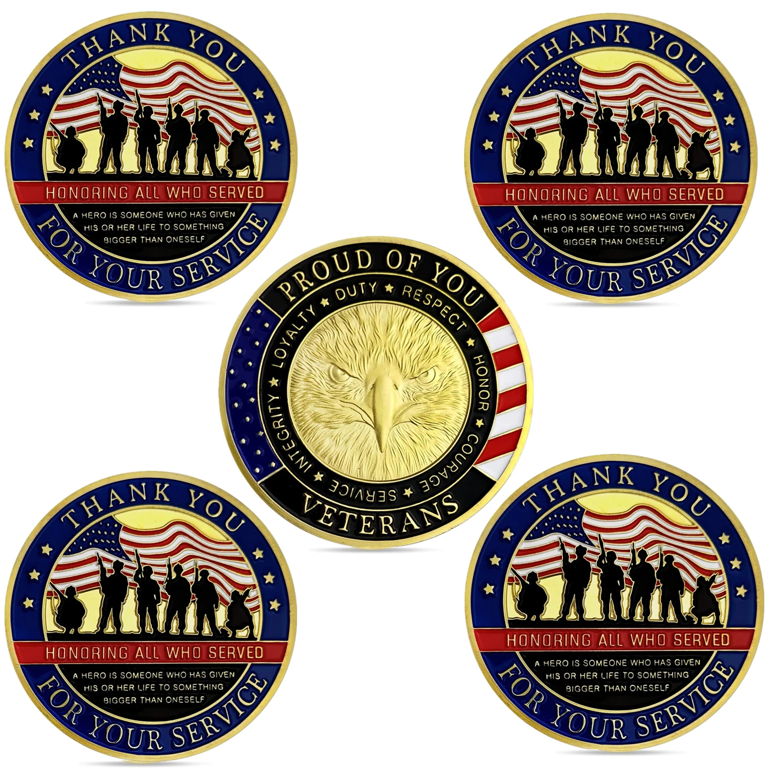 

Veterans Challenge Coin Soldier Squad Military Army Law Enforcement Coins Pack of 5, Thank You for Your Service Veteran Day Than