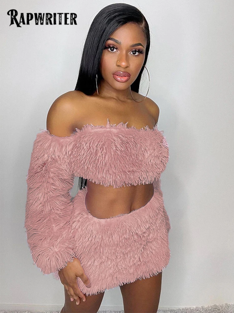 

Женский пушистый Костюм-двойка с воротником-лодочкой и длинными рукавами