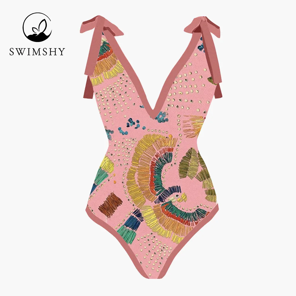 2022 Deep-v One Piece Swimsuit Set Vintage Chic Print Bikinis Women's Bathing Suit Beach Outfits Slim Swimwear Backless Holidays