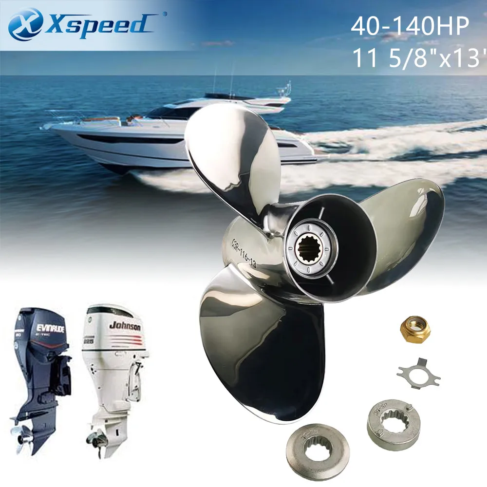Xspeed Stainless Steel Propeller 11 5/8x13 Fit Evinrude Outboard 40HP 48HP 50HP 55HP 60HP 75HP 13 Splines Marine Boat Parts
