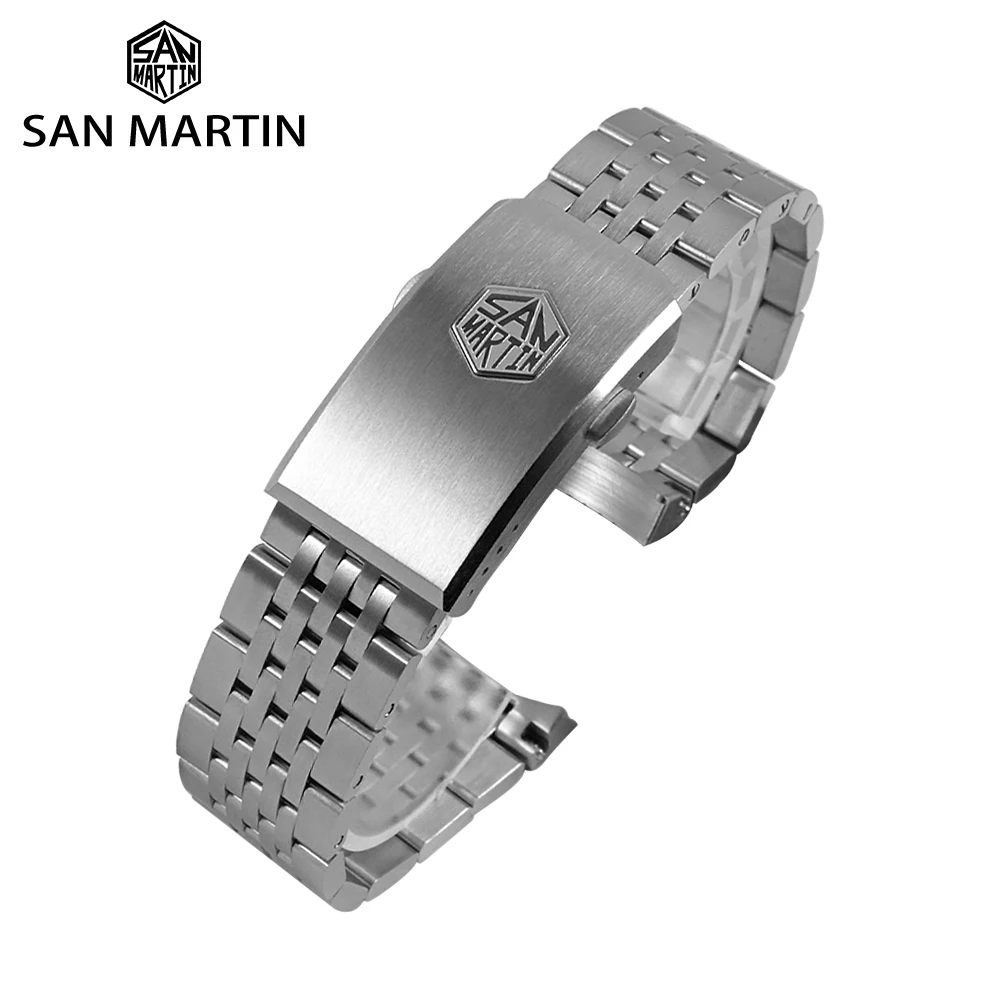 San Martin Watch Bracelet 316L Stainless Steel Corrasion Mildew Waterproof Wear Resistant 7-Bead Watchbands SN0044 Brushed Strap