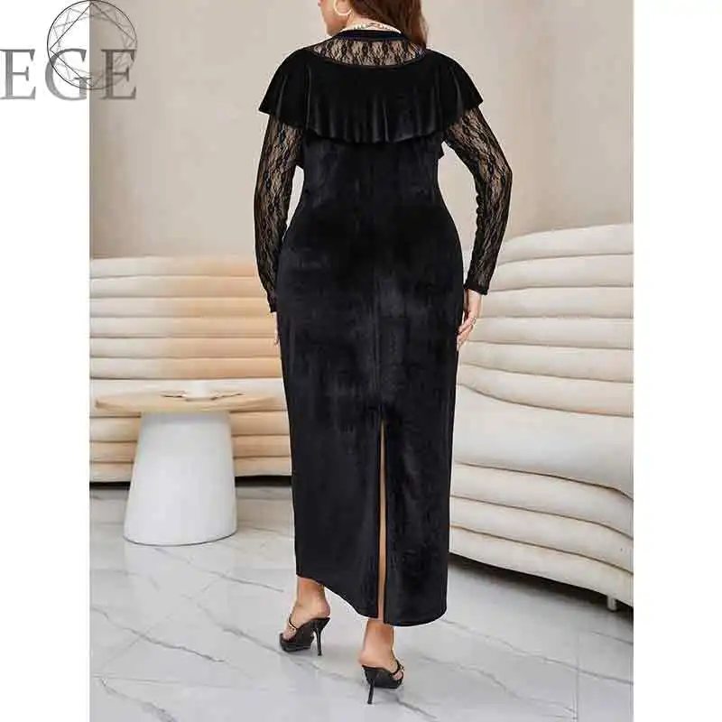 2022 New Autumn Elegant Ruffled Round Neck Plus Size Loose Long Sleeve Velvet Women Dress Lace Long Sleeve Midi Bodycon Robe
