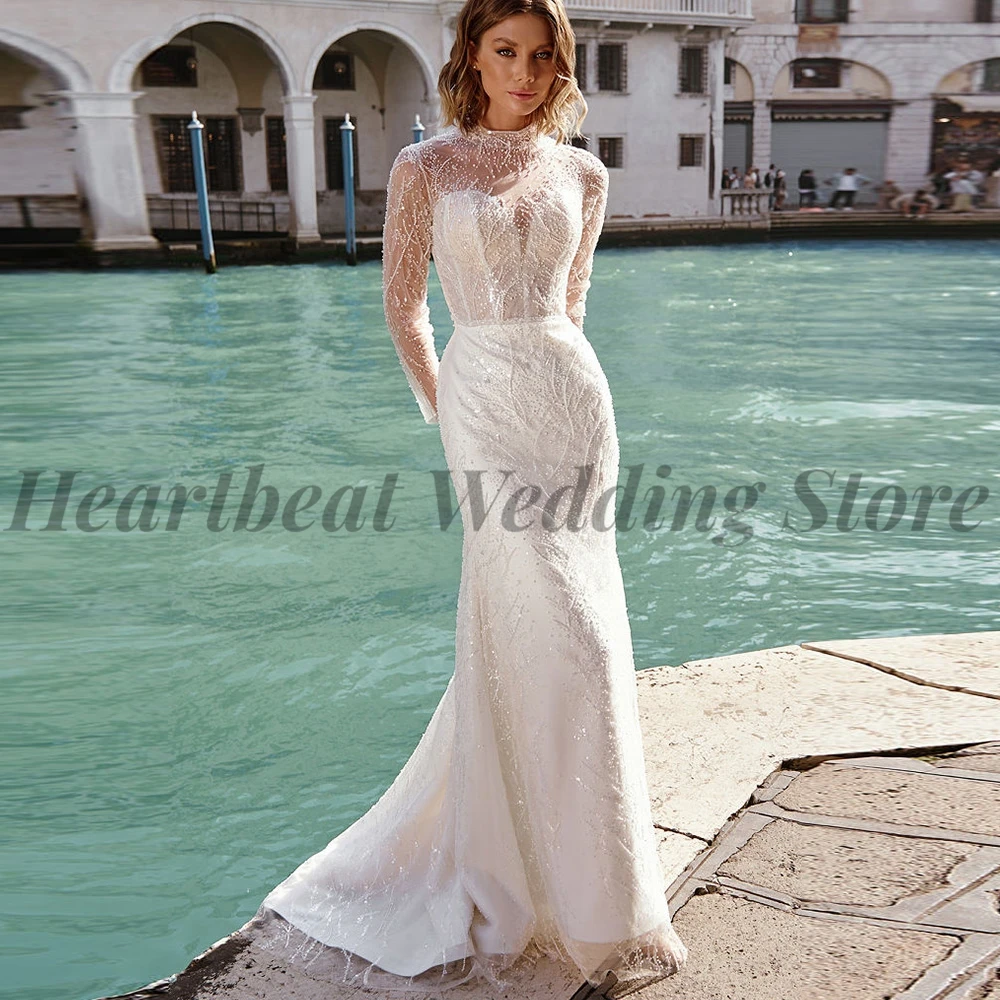 

High Neck 2023 Wedding Dress with Detachable Train Long Sleeve Button Back Applique Sequins Beads Pearls Mermaid Bridal Gowns