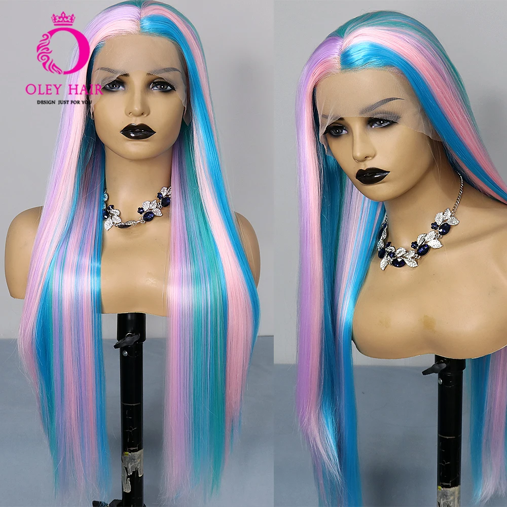 Blue Pink Colored Synthetic 13x4 Lace Front Transparent Straight Drag Queen High Temperature Fiber Glueless  Wigs For  Women