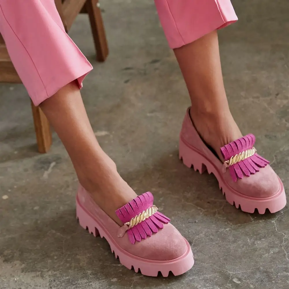 Cloud Inner Exterior Genuine Leather Suede Flat Thick Platform Eva Light Sole Buckle Loafer Poshnmore Pink Sax Blue Orange Fuch