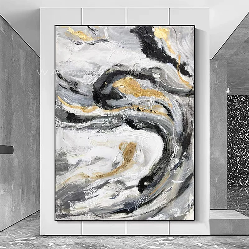 

Simple grey canvas gold foil Large Size 100% Handpainted landscape picture artwork oil painting for home living room unframe