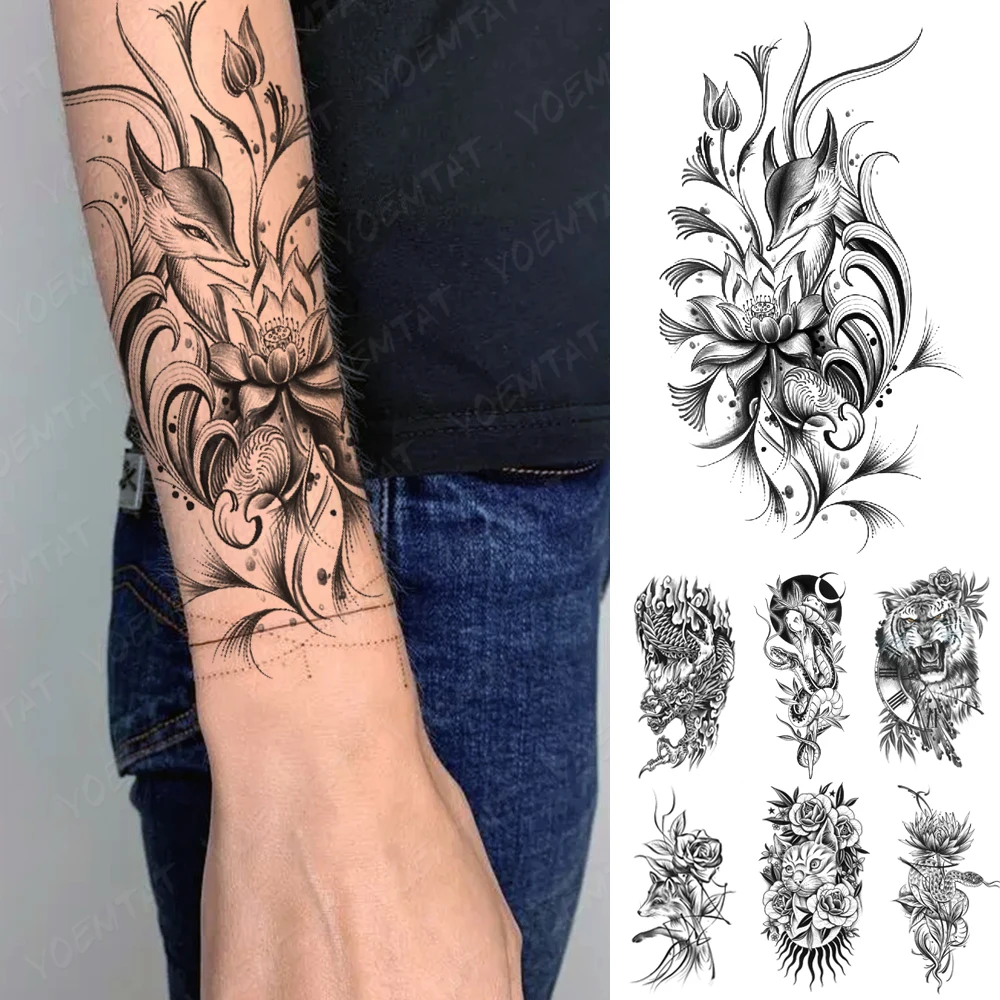 

Waterproof Temporary Tattoo Sticker Black Cartoon Nine-Tailed Fox Lotus Tiger Women Arm Sleeve Tatoo Fake Tattoos Body Art Men