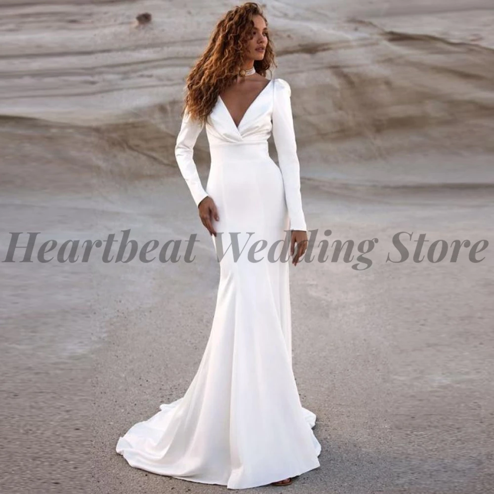

Женское атласное платье с юбкой-годе, простое свадебное платье с V-образным вырезом, длинным рукавом, молнией на спине и шлейфом, 2023