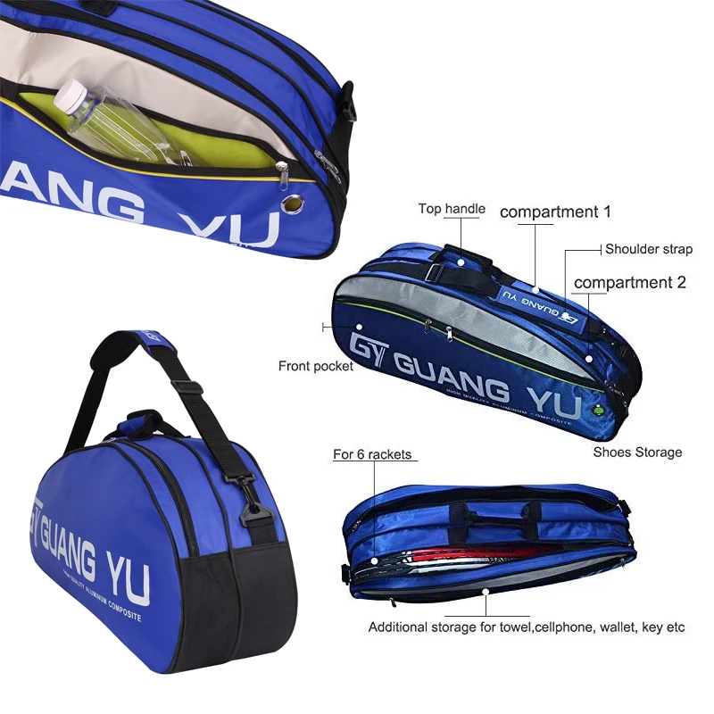 6 Racquet Tennis Bag with Shoes Compartment Big Pocket Badminton Racquet Bag Waterproof Gym Backpack Sport Equipment Duffel Bag