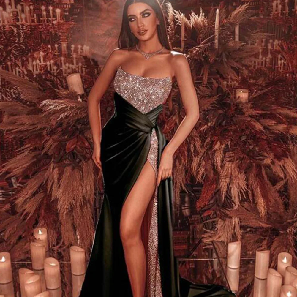 

Mermaid Prom Dresses Sexy Strapless High Side Split Shiny Sequin Prom Dress 2022 Backless Floor Length Formal Evening Gowns