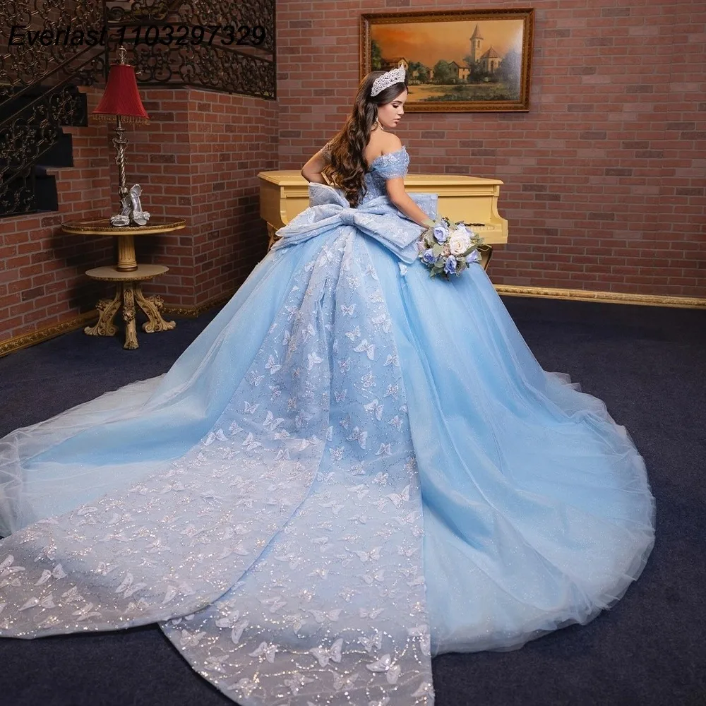 Фото Роскошное небесно-голубое платье Quinceanera с открытыми плечами и аппликацией в виде бабочки, расшитое бисером и бантом, торжественное бальное платье Sweet 16, Vestido De 15 Anos №2