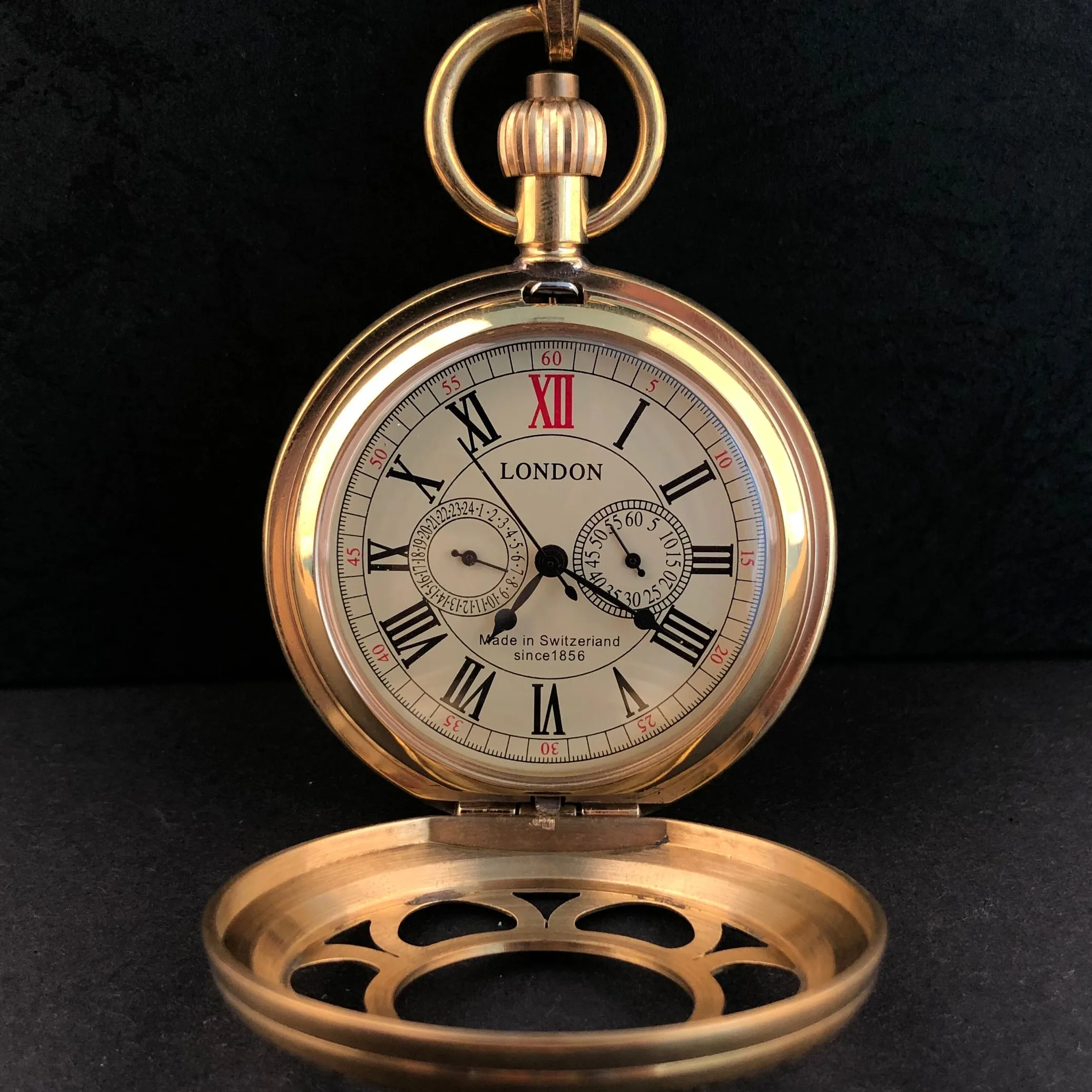 Copper Vintage London 1856's Antique Mechanical Pocket Watch Hand Winding Skeleton Clock Men's Steampunk with Chain Fob Watches