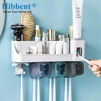 hibbent wall mount toothbrush holder bathroom waterproof rack with automatic toothpaste squeezer dispenser bathroom accessories