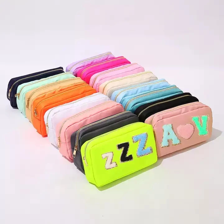 

RTS Stock Wholesale Multi Colors Waterproof Nylon Pouch Cosmetic Bag Women Letters Patch DIY Makeup Bag Teens large toiletry bag