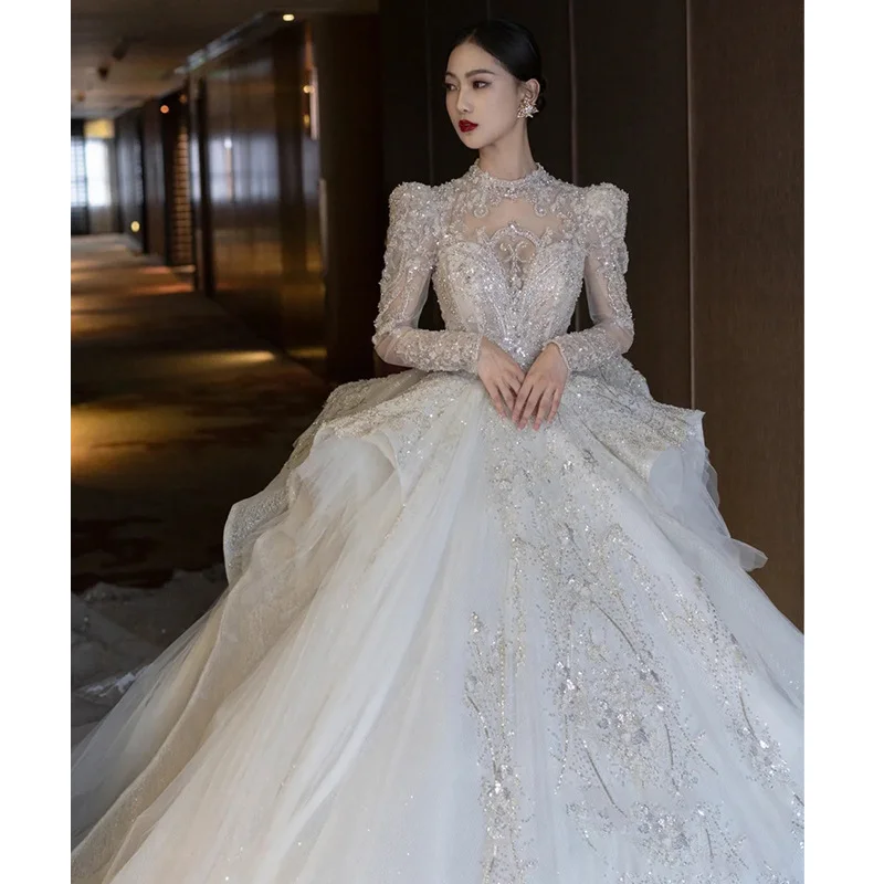 

MQUPIN Long-sleeved Wedding Dress 2021 New Bride Luxury High-end Trailing Palace Main Yarn Winter Style