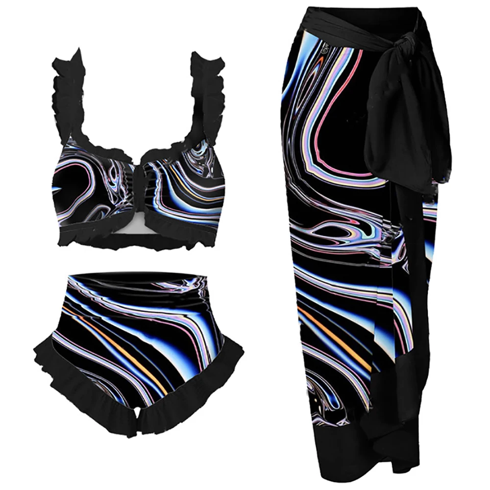 Fashion Solid Black Ruffled Bikinis Sexy Print One Piece Swimsuits Summer Beach Outfits for Women Bathing Suits Push Up Swimwear