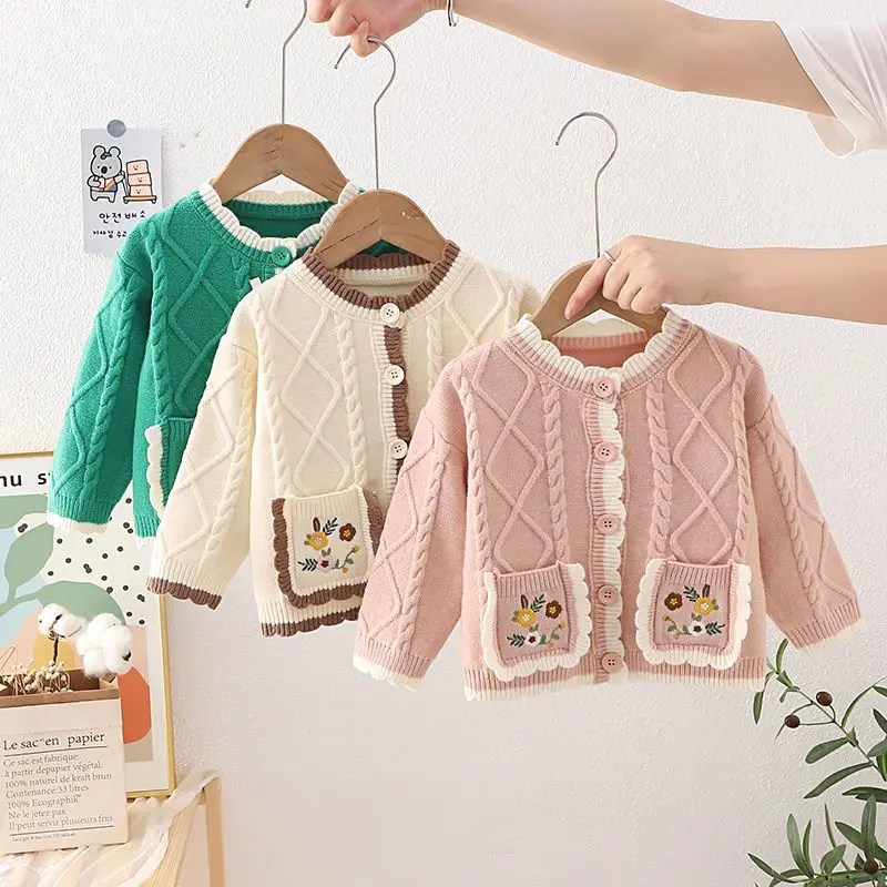 

Sweet Autumn Baby Girls Coat Kids Sweater Toddler Knit Cardigans O Neck Knitwear Long-sleeve Embroidery Floral Baby Jacket Tops